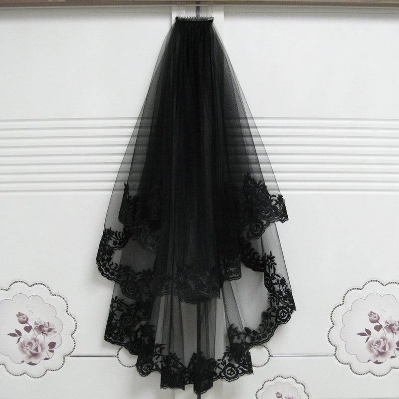 Patty Both Black Ribbon Edge Bridal Wedding Veils with Comb (black lace) - Image 5